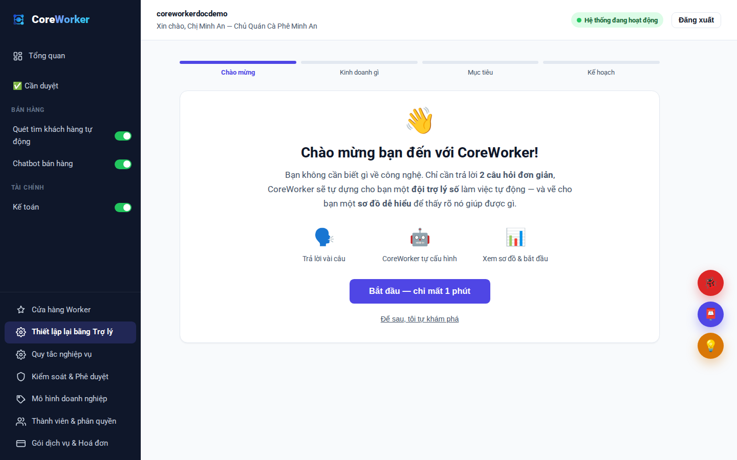 Đăng nhập lần đầu và bấm nút Bắt đầu