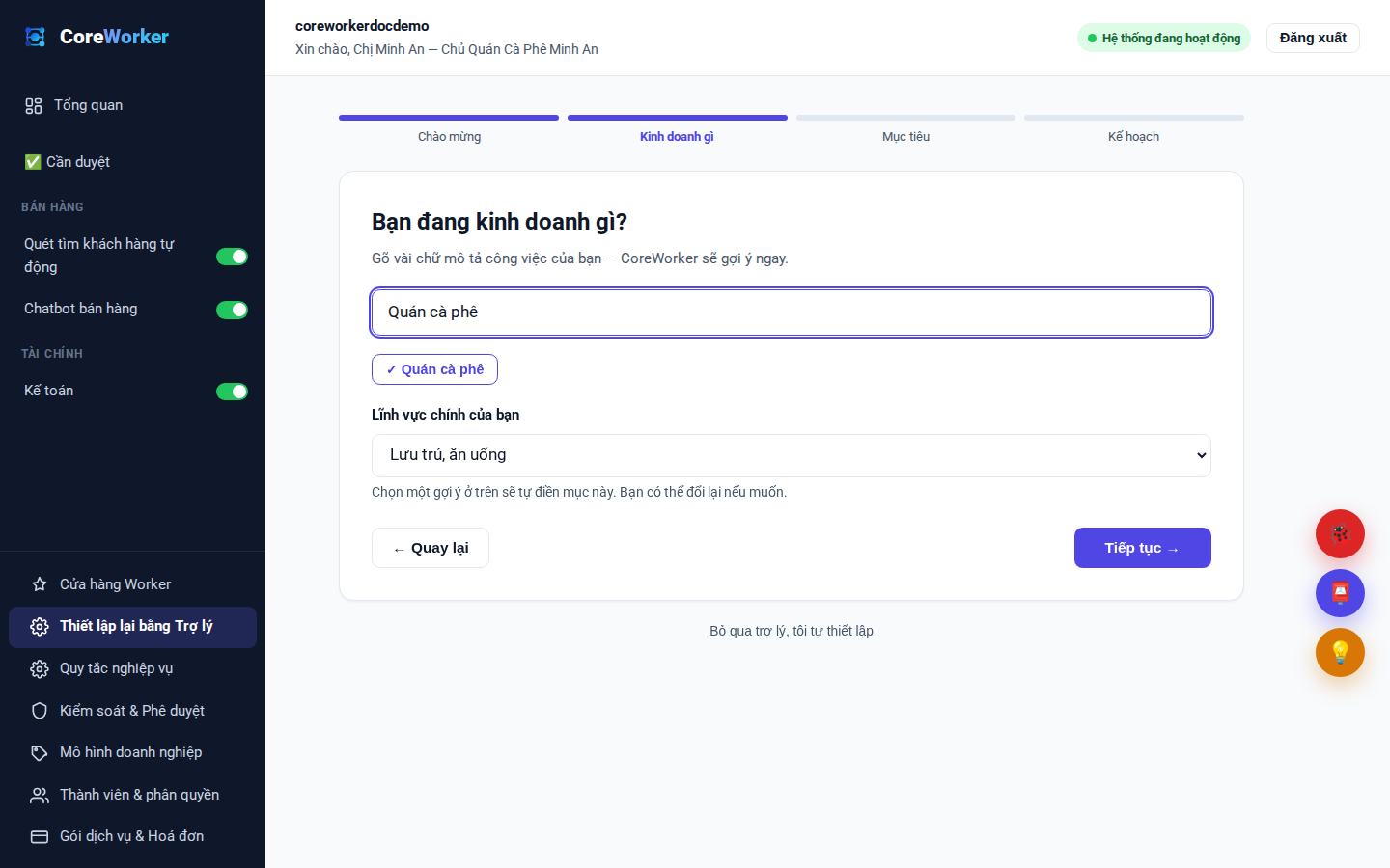 Cho CoreWorker biết bạn kinh doanh gì