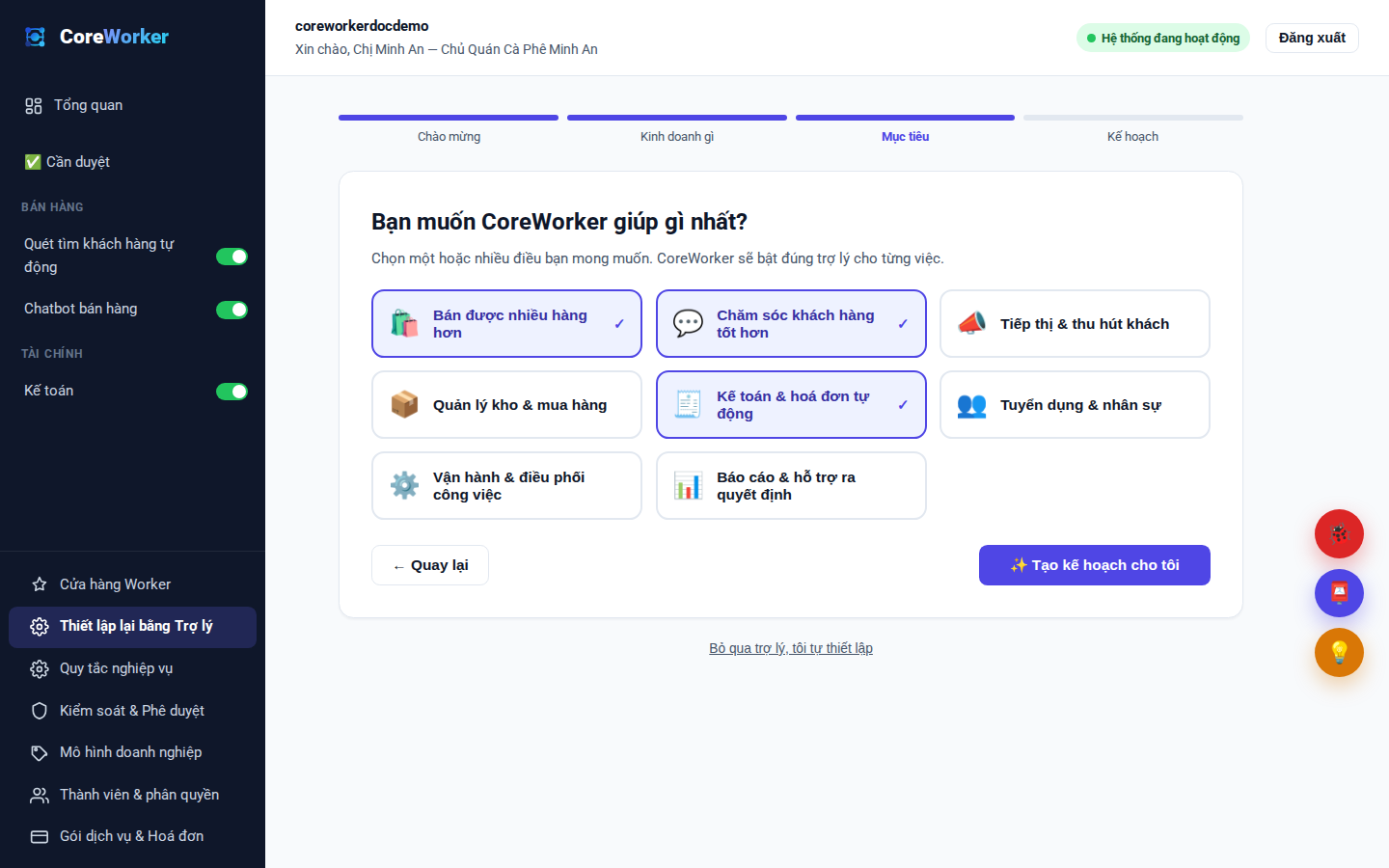 Chọn những việc bạn muốn CoreWorker giúp nhiều nhất