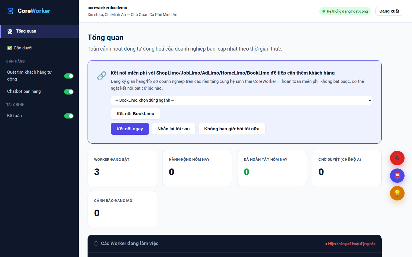 Xem CoreWorker tự động làm việc trên màn hình Tổng quan